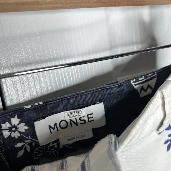 MONSE White Blue Flower Pot Striped Asymmetrical Shorts Women's Size 0